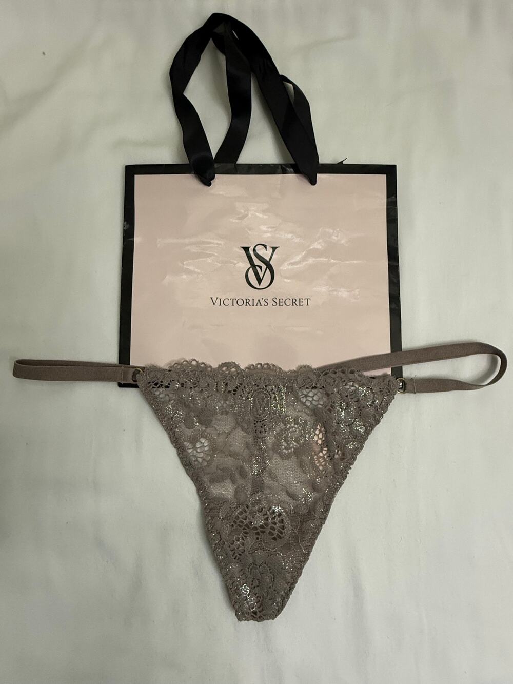 NWT Victoria’s Secret Vintage V-String Thong Panty Taupe with Silver Shimmer O/S